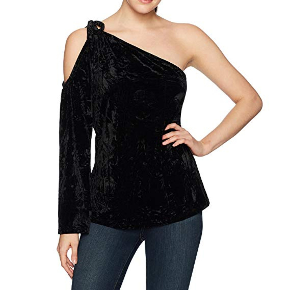 LUCCA COUTURE Black One-Shoulder Velvet Top